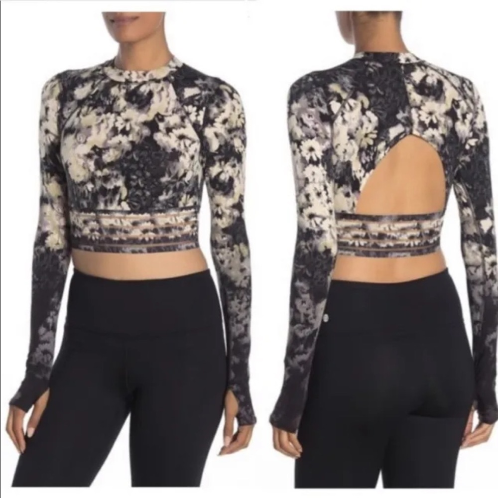 Free People Movement Idris Floral Mesh Crop Top Mock Neck Size Small